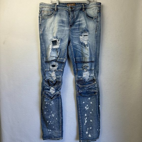 Crysp Denim Jeans Mens 38 x 33 distressed thrashed straight leg light wash moto - Picture 1 of 8